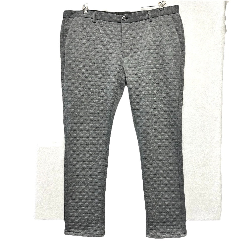 Lanzzino Pants Men W42xL34 Textured Check Stretch Straight‎ Leg Trousers